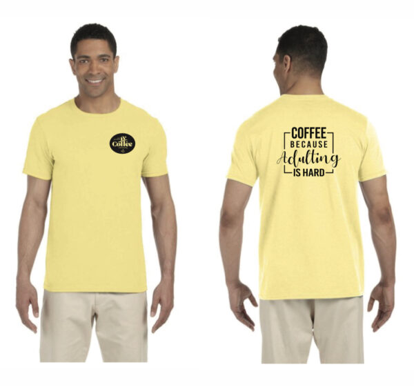 Yellow t shirt with well grounded logo and "coffee: a liquid that smells like fresh ground heaven